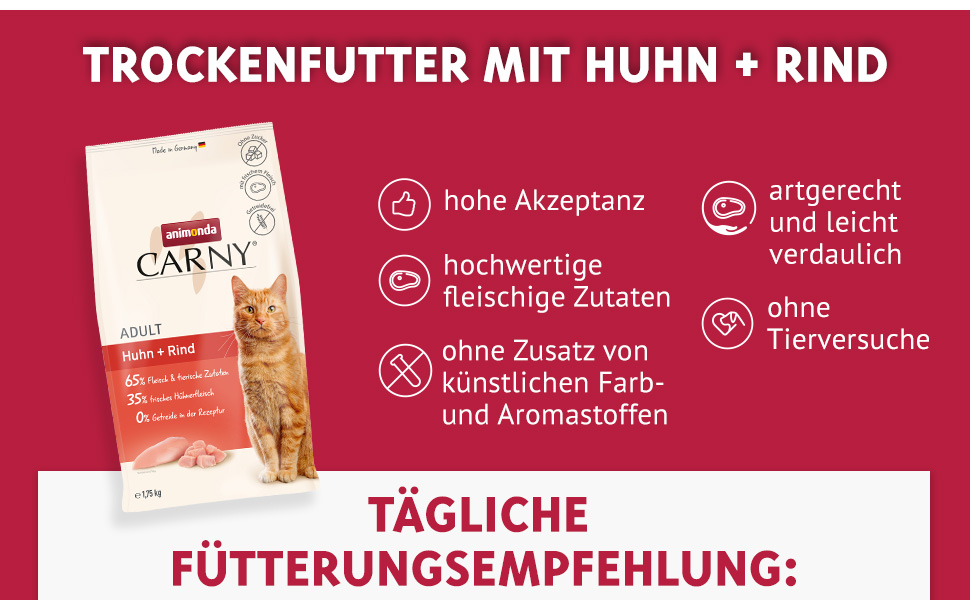 animonda carny katzen trockenfutter huhn und rind (1 x 1,75 kg), trockenfutter für ausgewachsene katzen ohne zucker und getreide, mit frischem hühnerfleisch und rinderprotein