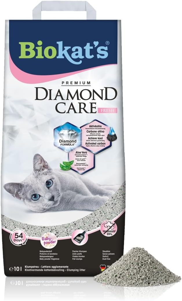 biokat's diamond care fresh katzenstreu mit babypuder duft feine klumpstreu aus bentonit mit aktivkohle und aloe vera 1 sack (1 x 10 l) biokat's diamond care fresh katzenstreu mit babypuder duft feine klumpstreu aus bentonit mit aktivkohle und aloe vera 1 sack (1 x 10 l)