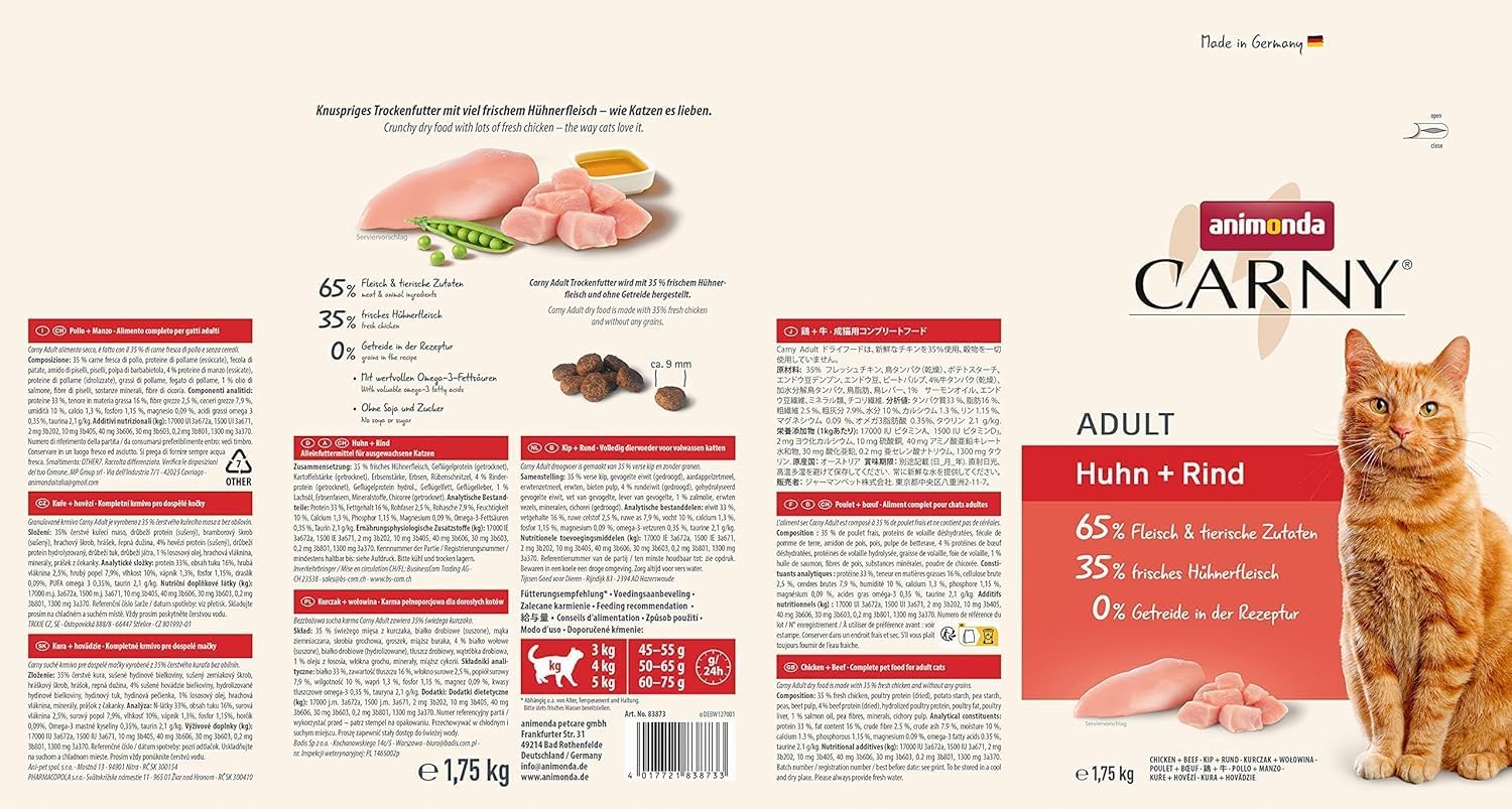 animonda carny katzen trockenfutter huhn und rind (1 x 1,75 kg), trockenfutter für ausgewachsene katzen ohne zucker und getreide, mit frischem hühnerfleisch und rinderprotein animonda carny katzen trockenfutter huhn und rind (1 x 1,75 kg), trockenfutter für ausgewachsene katzen ohne zucker und getreide, mit frischem hühnerfleisch und rinderprotein